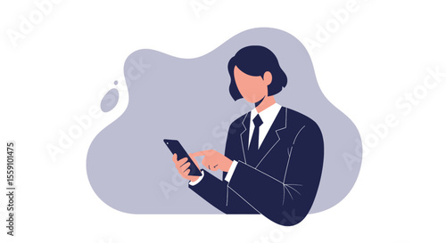 a person dressed in a suit, presumably a businessman, using a smartphone. Suitable for landing page, banner, marketing, web design, presentation, infographic, etc.