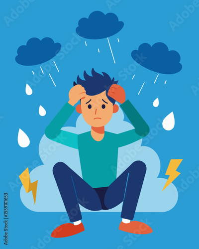 The persons world seems to be crashing down with stressors falling on top of them like a hailstorm.. Vector illustration
