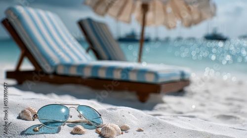 Fototapeta Naklejka Na Ścianę i Meble -  Sunglasses and shells rest on white sand beach in Maldives