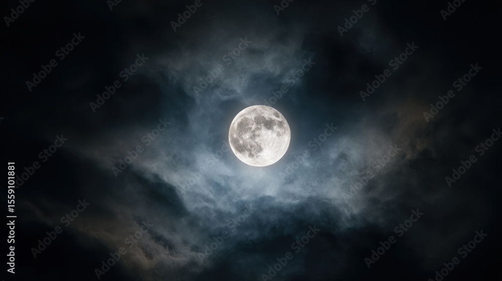 Full Moon Shining Through Dramatic Dark Clouds at Night, Celestial Wonder, Spooky Full Moon Shining Through Dramatic Dark Clouds at Night, Celestial Wonder, Spooky