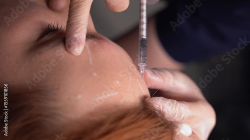Beautician doctor makes botulinum toxin injection in the forehead of young beautiful woman. Close up vertical 4k shot