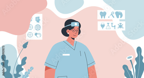 A friendly female dentist in scrubs stands against a pastel background with floating dental icons, representing modern dental care and professional expertise.