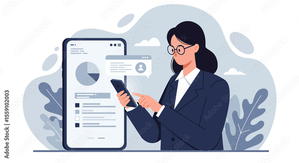 a woman holding a phone and looking at a document a woman holding a phone and looking at a document