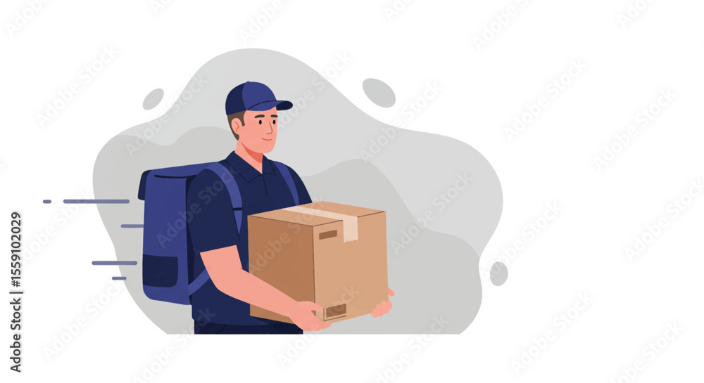 A delivery person in a blue uniform carries a cardboard box, showcasing fast and reliable delivery service against a minimalist background. A delivery person in a blue uniform carries a cardboard box, showcasing fast and reliable delivery service against a minimalist background.