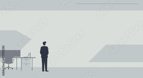 a minimalist office space with a man standing in the foreground, facing a desk with a computer setup. Suitable for landing page, banner, marketing, web design, presentation, infographic, etc.