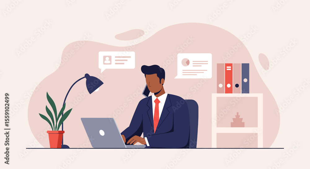 a man in a suit working at a desk with a laptop, surrounded by office supplies and a potted plant. Suitable for landing page, banner, marketing, web design, presentation, infographic, etc. a man in a suit working at a desk with a laptop, surrounded by office supplies and a potted plant. Suitable for landing page, banner, marketing, web design, presentation, infographic, etc.