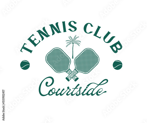 Tennis club vector design with typography, tennis racket with ball vector illustration, beach tennis club artwork for t shirt, sticker, embroidery, graphic print