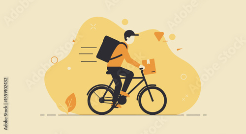 An illustrated delivery person rides a bicycle, carrying a package and a backpack, symbolizing fast and efficient service against a soft beige background.