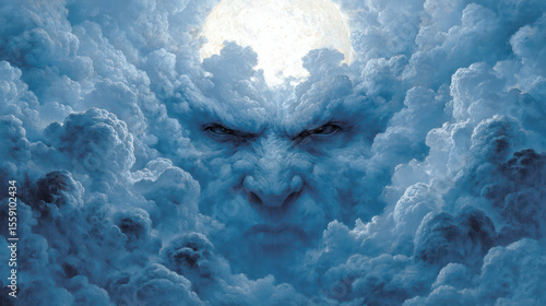 Angry monster face in the sky with clouds