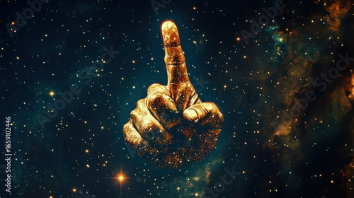 Deep space structure creating a pointing index finger gesture, in style of telescope image