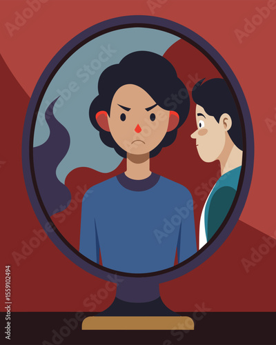 The mirrors image shows a version of myself consumed by jealousy and resentment instead of my usual optimism.. Vector illustration