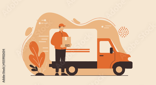 Delivery man with package standing next to a truck, conveying logistics and shipping services with a modern flat illustration style.