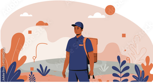 An illustrated delivery person stands in a stylized outdoor scene, carrying a backpack and bag, representing fast and efficient service.