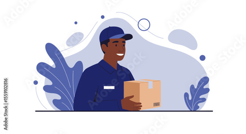 a delivery person in a blue uniform holding a brown box. Suitable for landing page, banner, marketing, web design, presentation, infographic, etc.