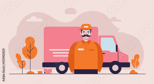 A friendly delivery man in uniform stands proudly beside a modern truck, ready to transport packages, symbolizing efficient logistics and reliable service.