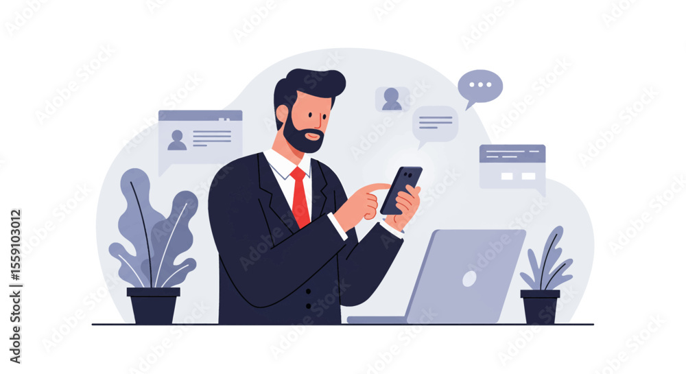 a man in a suit is using his phone a man in a suit is using his phone