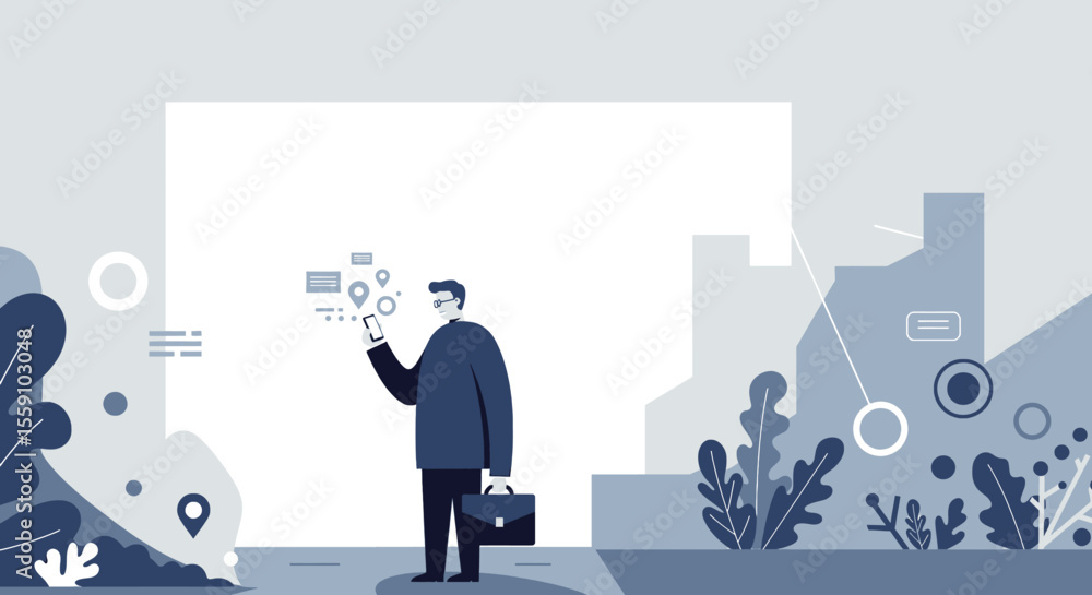 Naklejka premium a man standing in front of a cityscape with a smartphone in his hand, surrounded by abstract shapes and icons. Suitable for landing page, banner, marketing, web design, presentation, infographic, etc.