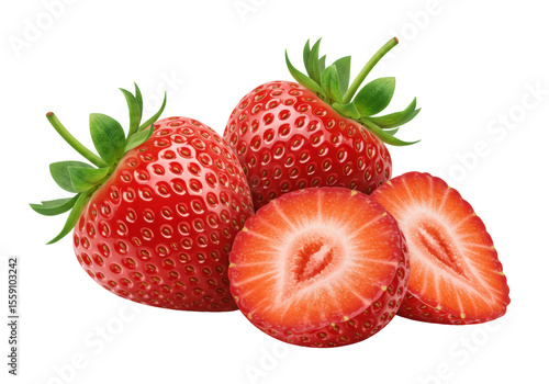 Two whole and one half-cut, vibrant red strawberries with green calyx on transparent, soft shadows, ample copy space, ultra-realistic UHD product photography, highlighting freshness. Concept for