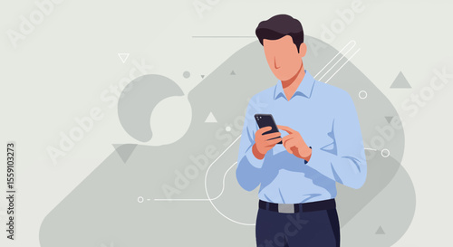 A man dressed in a blue shirt is standing and looking at his smartphone, which is held in his hands. Suitable for landing page, banner, marketing, web design, presentation, infographic, etc.