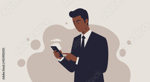 a man dressed in a suit, standing against a light background with a cloud-like shape behind him. Suitable for landing page, banner, marketing, web design, presentation, infographic, etc.