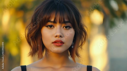 A close-up portrait of a young woman with a captivating gaze. The soft sunlight enhances her natural beauty