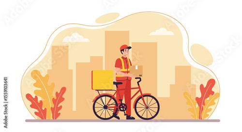 A friendly delivery man on a bicycle with a box and insulated bag navigates a stylized cityscape, representing fast urban logistics.