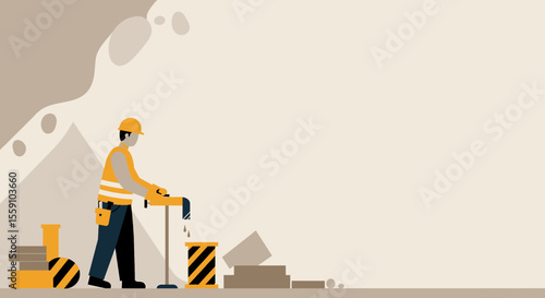 A minimalist vector illustration portrays a diligent construction worker operating specialized equipment at an active building demolition site.