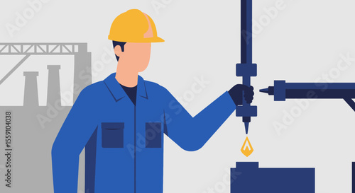 A male engineer in a hard hat and blue uniform operates industrial machinery extracting a drop of oil at a production site, rendered in a modern vector illustration style.