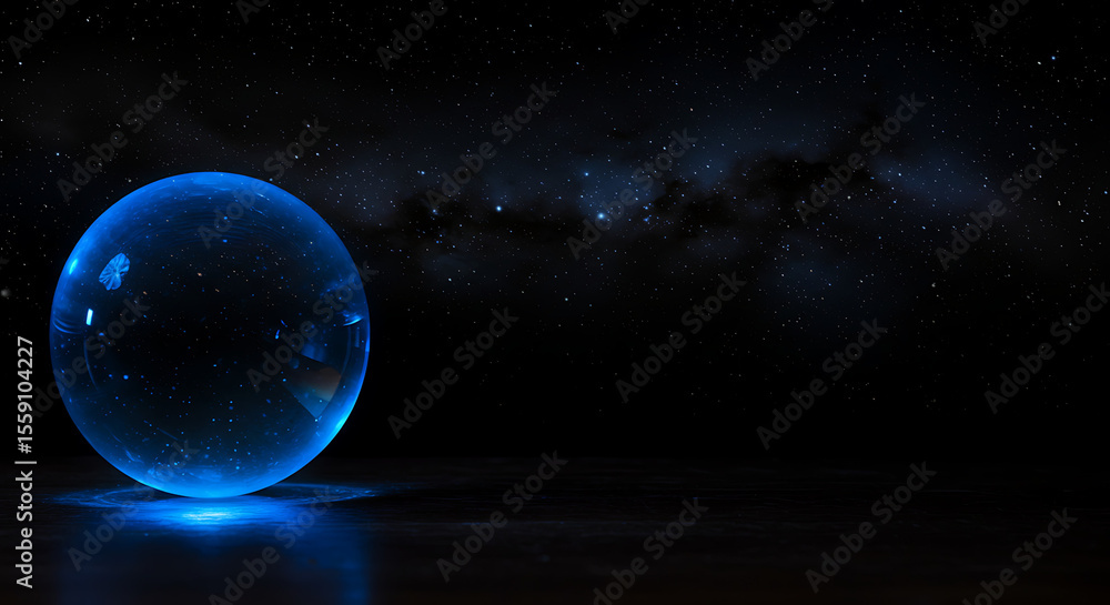 Fototapeta premium A luminous, ethereal orb, its surface hinting at the vast cosmos, floats serenely against a backdrop of a deep night sky and twinkling stars, inviting contemplation of the universe's mysteries.