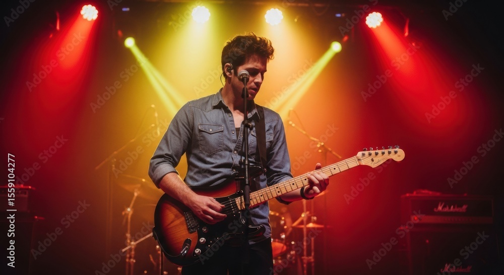 Obraz premium A male guitarist performing passionately on an electric guitar on a stage under vibrant red and yellow spotlights, creating an energetic atmosphere during a live rock concert.