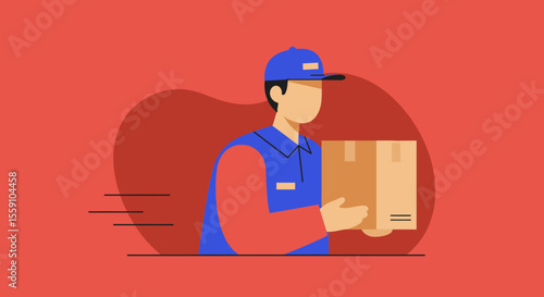 A delivery man in a blue uniform is depicted in a flat vector illustration, carrying a package against a vibrant red backdrop, symbolizing speed and efficiency.