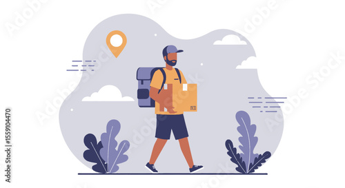 A delivery person with a backpack walks through a stylized natural landscape, carrying a package, conveying logistics and service.