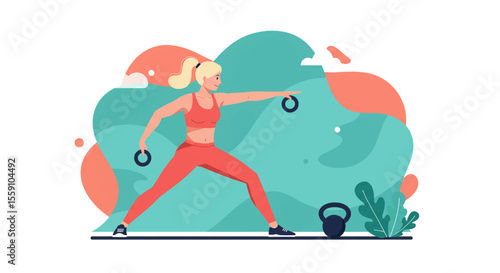 A vibrant flat illustration depicts a blonde woman in athletic wear performing a lunge exercise with small weights, promoting a healthy and active lifestyle.