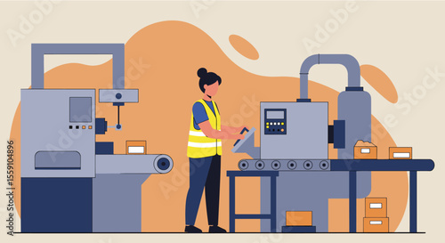 A female factory worker in a safety vest efficiently operates modern industrial machinery on a production line, overseeing the manufacturing process.