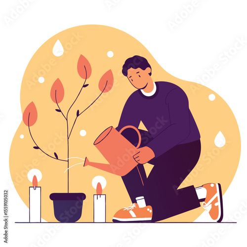 Man watering a small plant with orange leaves and two candles nearby