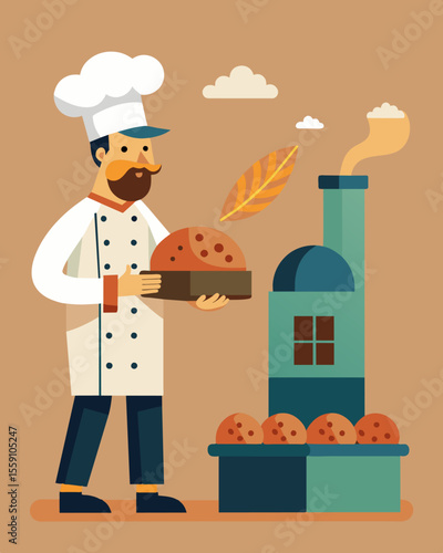 The savory smell of freshlybaked bread wafting from the mills attached bakery where a skilled baker kneads and bakes loaves for the workers.. Vector illustration