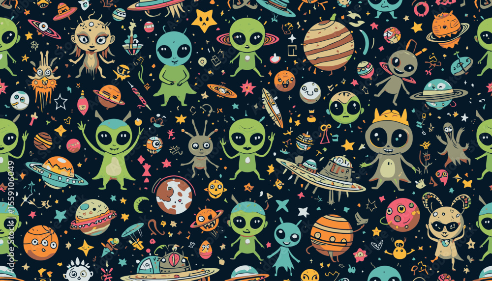 Naklejka premium Seamless Pattern of Cute Alien Cartoon Characters