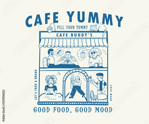 Retro vintage cafe comic illustration, People eating in cafe vector art, Restaurant activity character art, French old cafe artwork for t shirt, poster, tote bag  