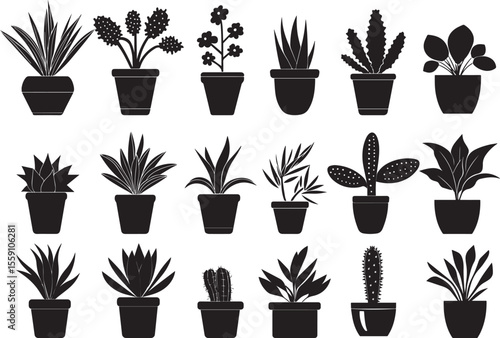 Houseplant silhouette icon set – flat style home greenery, indoor plants, and botanical symbols for nature lovers. Indoor Home Greenery and Botanical Plant Icons. 