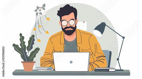 Cartoon Man with Beard and Glasses Working on Laptop