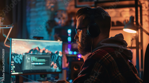 Male Video Editor or Gamer with Headphones at Night

