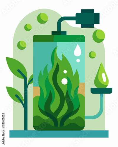 A biofuel made from algae which can be grown in large quantities and easily converted into a clean and renewable energy source.. Vector illustration
