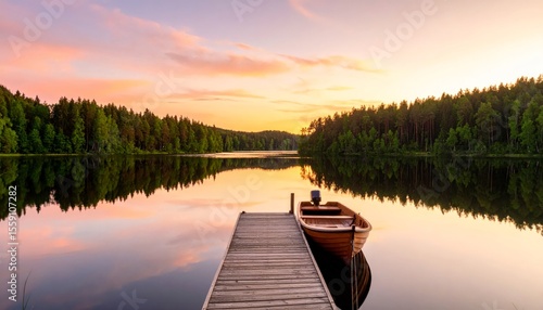Fototapeta Naklejka Na Ścianę i Meble -  Dock boat at sunset lake reflection