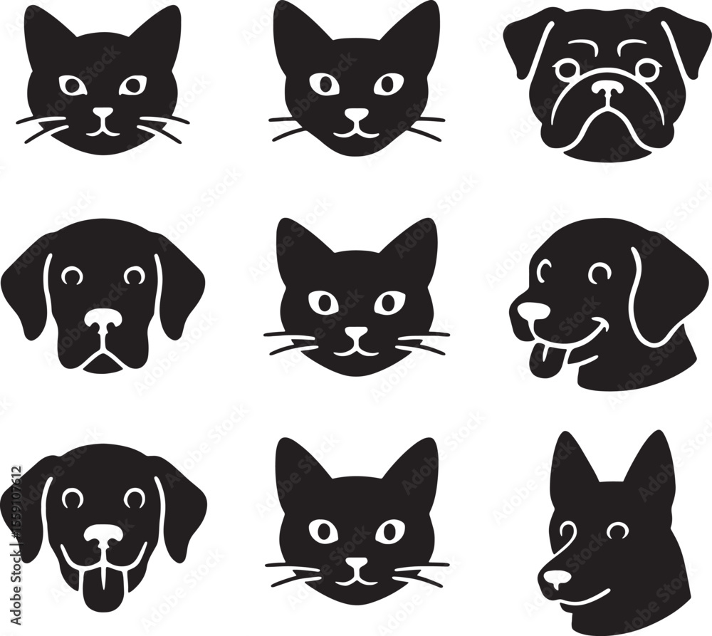 Fototapeta premium Set Of Simple Dog And Cat Face Illustrations