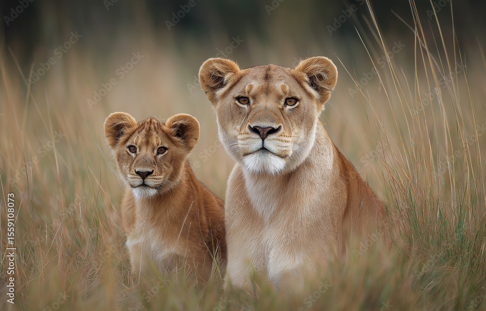 Fototapeta premium Photograph of a lioness and her cub in the Africa savanna