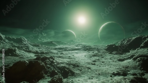 Alien planet landscape green atmosphere moons sci fi scene digital art wallpaper background hd space view silhouette