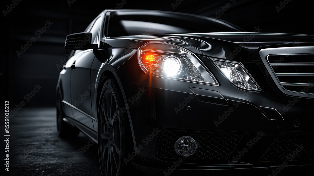 A sleek black luxury sedan is parked in a dimly lit garage. The illuminated headlights highlight the vehicle's smooth contours, emphasizing its modern design and sophistication during the night. A sleek black luxury sedan is parked in a dimly lit garage. The illuminated headlights highlight the vehicle's smooth contours, emphasizing its modern design and sophistication during the night.