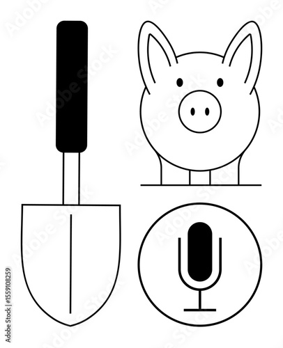 Shovel, piggy bank, and microphone icons in black and white represent finance, gardening, and communication. Ideal for saving tips, audio tools, agriculture, creativity investment guides hobbies