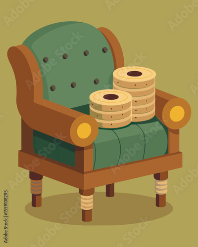 A cozy armchair made from old cable spools proving that soing as simple as wooden spools can be transformed into functional and stylish furniture.. Vector illustration