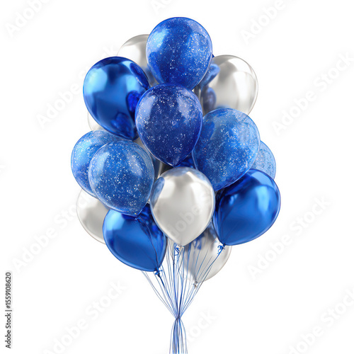 Elegant blue and silver balloons bunch isolated on transparent background